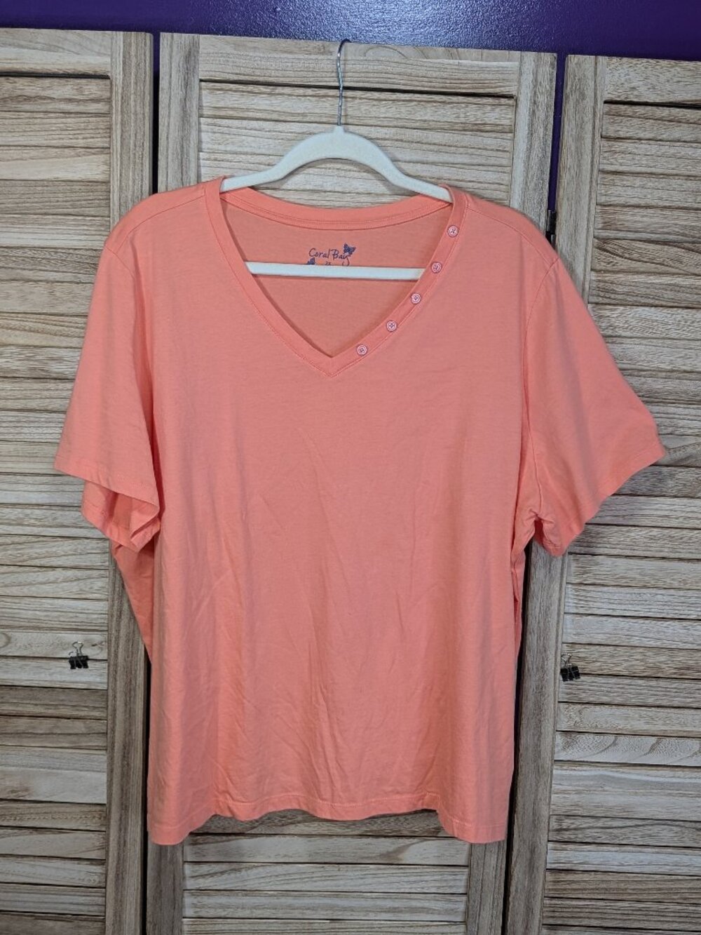 Coral Bay Coral-Peach Button-Trim V-Neck Tee Size 2X